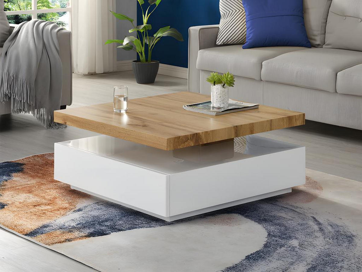 COUCHTISCH drehbar - 1 Schublade - MDF - Weiß & Holzfarben - KYRIA - Weiß, Holz (80/80/36cm) - Vente-Unique