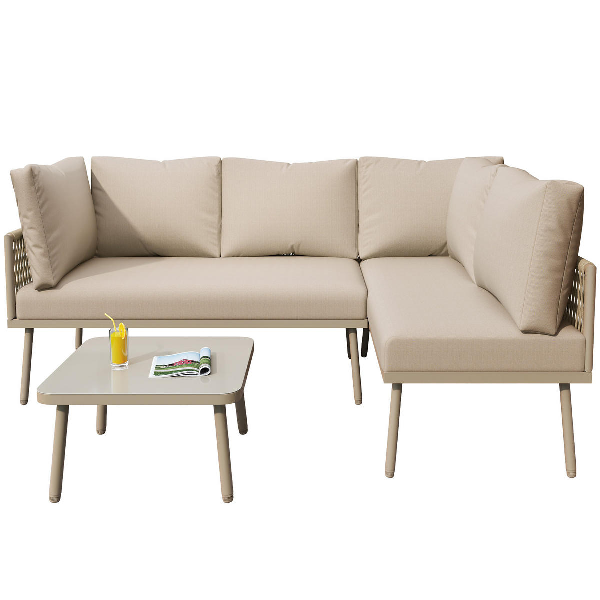 LOUNGESET L-Form Khaki 2 Sofas 1 Tisch Mit Verstellbaren Füßen - Hellbraun, Metall - FLIEKS