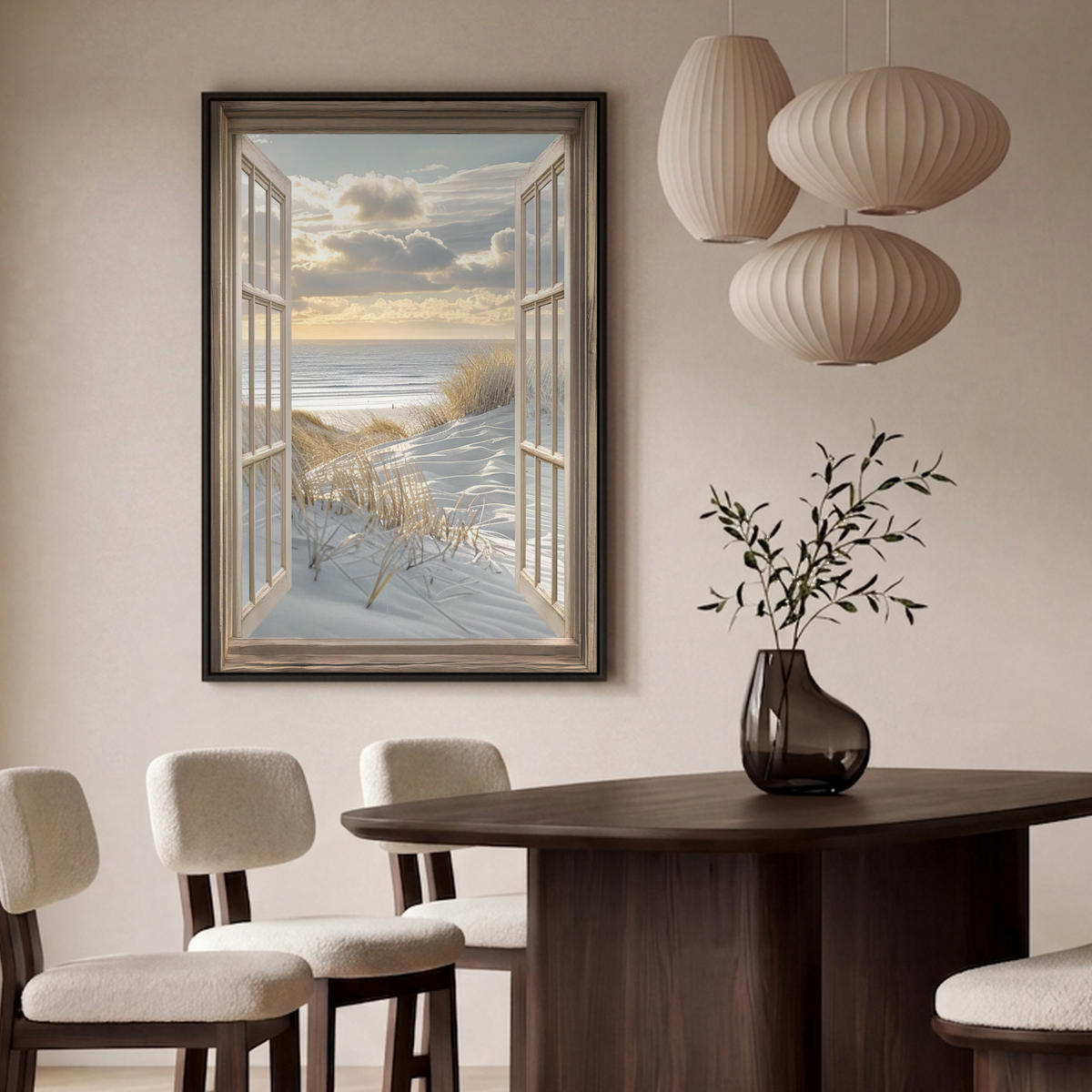 LEINWAND Bilder mit Rahmen - Ausblick - Strand - Dünen - Meer - Natur - 80x120 - Sandfarben, Textil (80/120cm) - MuchoWow