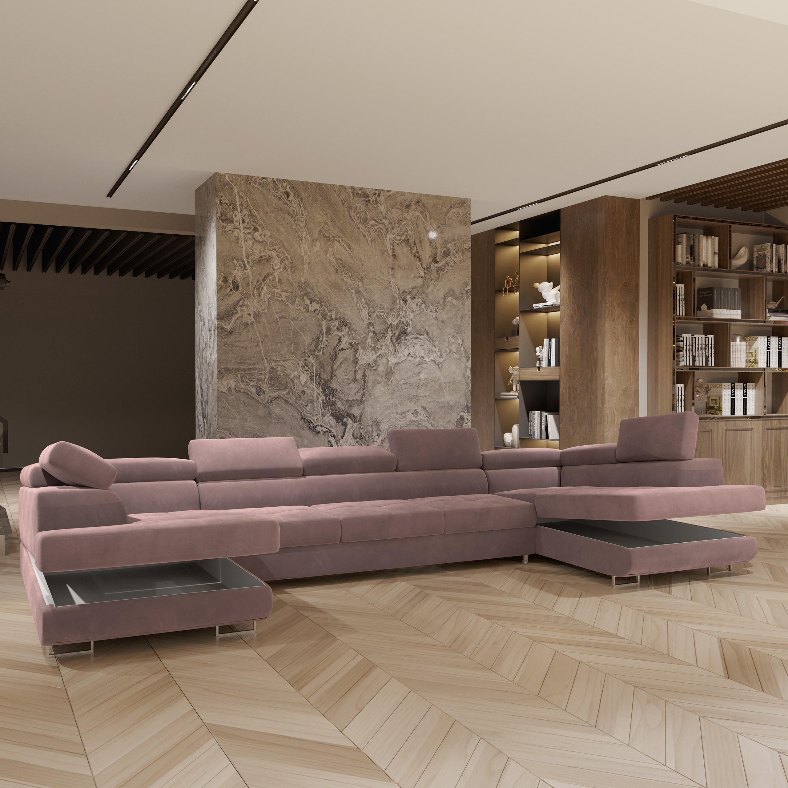 WOHNLANDSCHAFT ISOLANO Lila Velours-Stoff mit Schlaffunktion - Lila, Holz (408/90/202cm) - MASSENO