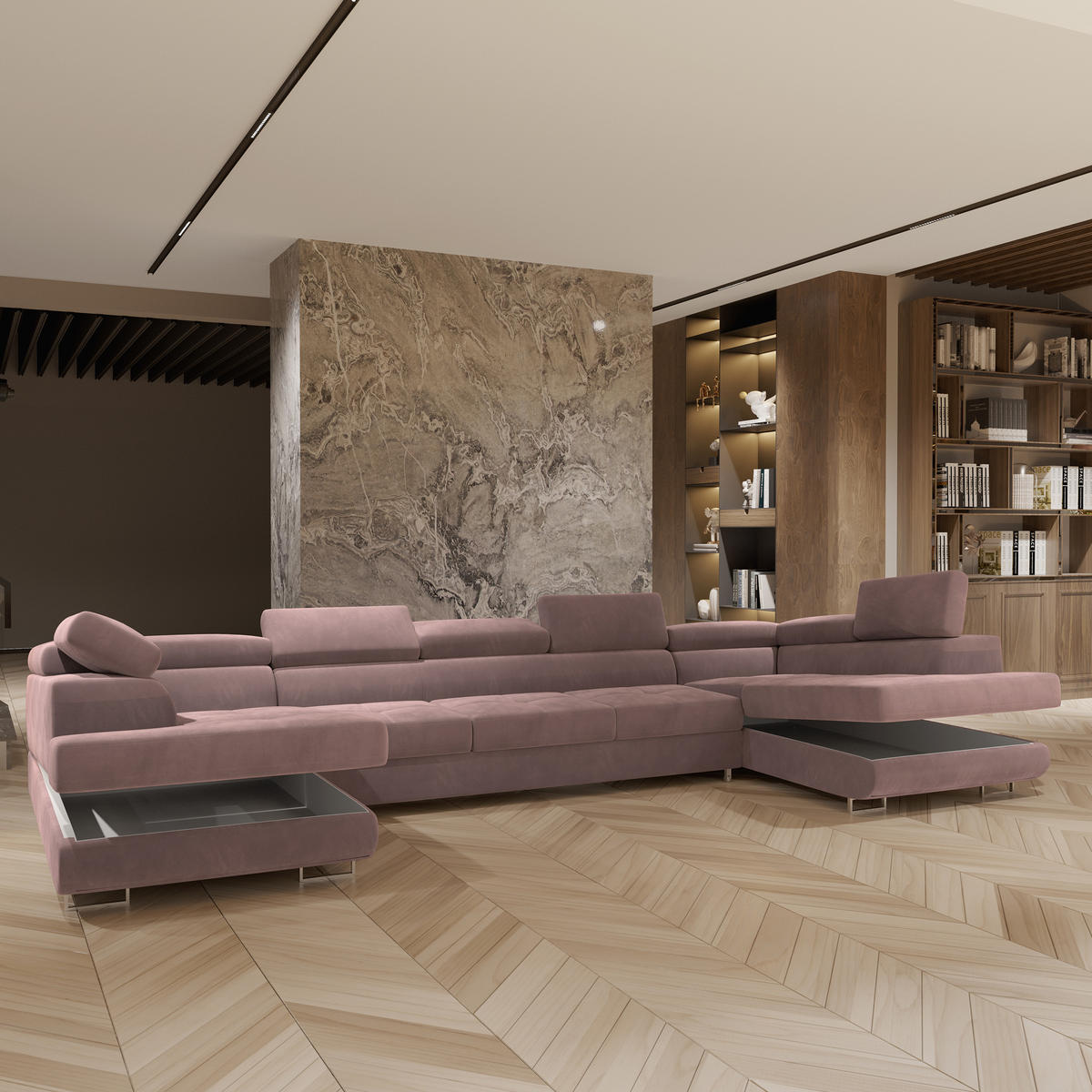 WOHNLANDSCHAFT ISOLANO Lila Velours-Stoff mit Schlaffunktion - Lila, Holz (408/90/202cm) - MASSENO