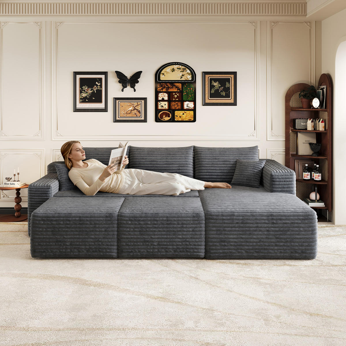WOHNLANDSCHAFT Cord Dunkelgrau ohne Montage - Grau, Textil (241/58/151cm) - WISHDOR