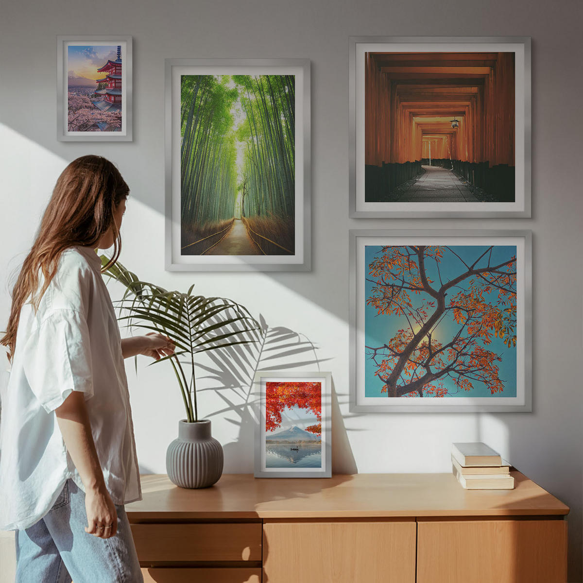 WANDBILDER 5er Set - 50x50 cm & 20x30 cm & 40x60 cm Silberner Rahmen - Meerblick, farbenfrohe Häuser - Silberfarben, Kunststoff (40/60cm) - ArtPrintCave