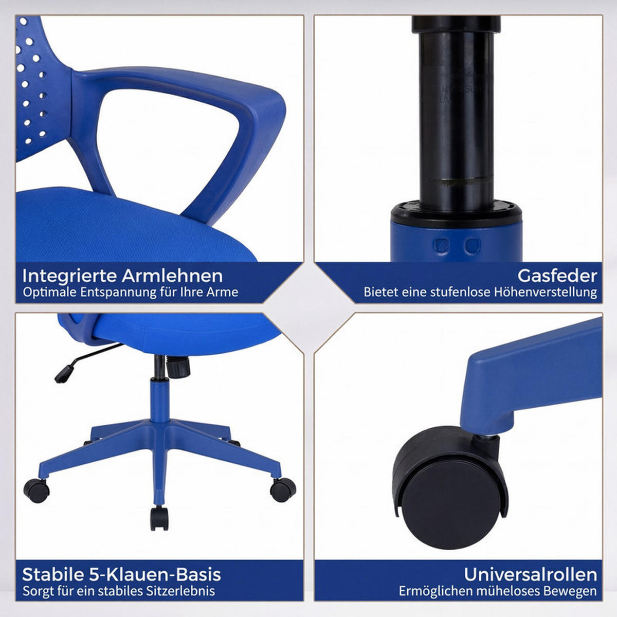 BÜROSTUHL atmungsaktiver Mesh-Rücken blau - Blau, Kunststoff (63.5/95.5/62cm) - COSTWAY