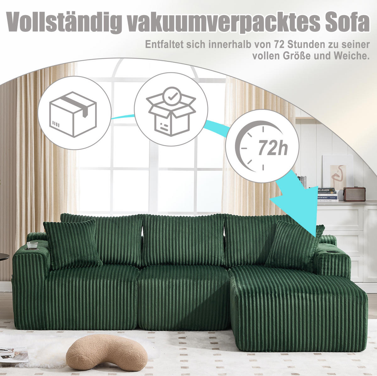 MODULARES Sofa-Set Cord mit Chaiselongue Taschen und Getränkehalter 257/90 160/62 cm Smaragdgrün - Smaragdgrün, Textil (160/257cm) - Redom
