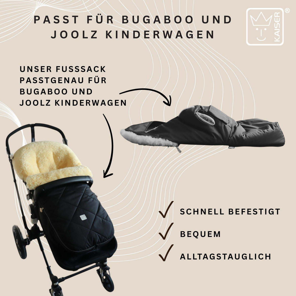 LAMMFELL-FUSSSACK Classic for Bugaboo, black - Schwarz, Fell (45/100cm) - Kaiserbaby