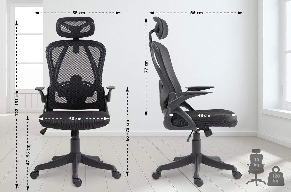 BÜROSTUHL Zypher schwarz - Schwarz, Kunststoff/Metall (58/131/66cm) - TPFLiving