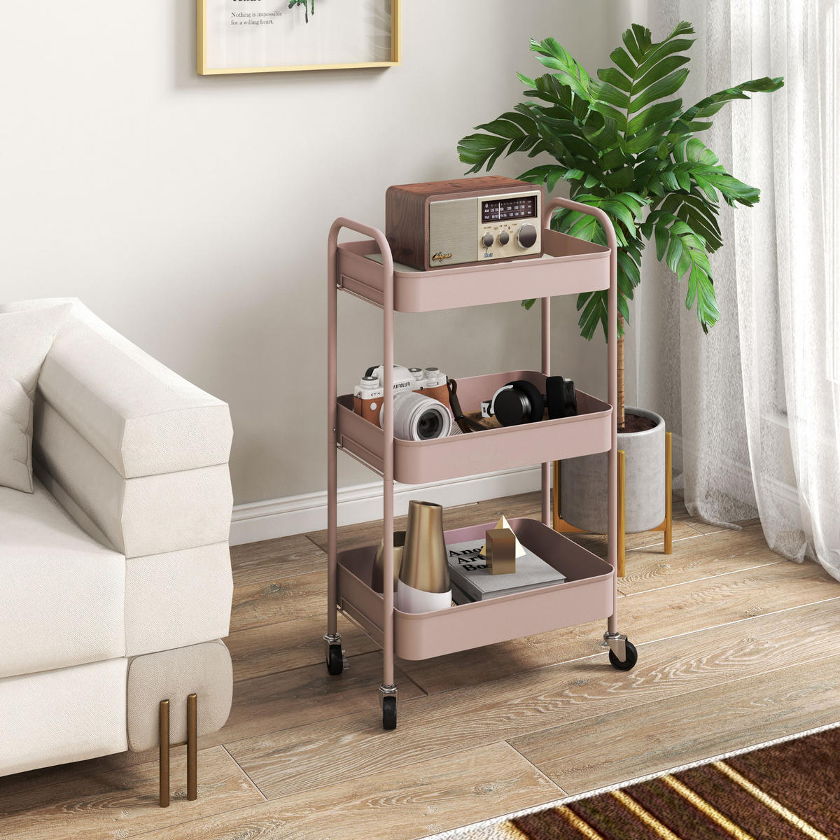 SERVIERWAGEN Rollwagen mit 3 Etagen, für Küche, Wohnzimmer, Stahl, Rosa - Rosa, Metall (30.6/79/45cm) - HOMCOM