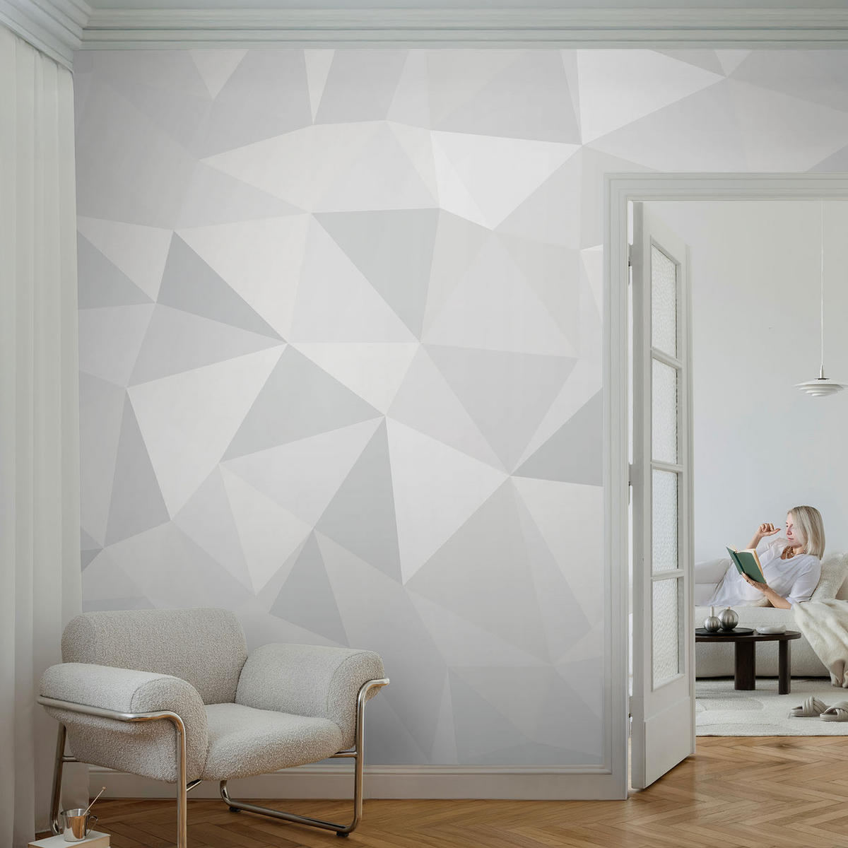 FOTOTAPETE 104x70 cm - Dreieckiges Mosaik - Weiß, Textil (104/70cm) - Wallfluent