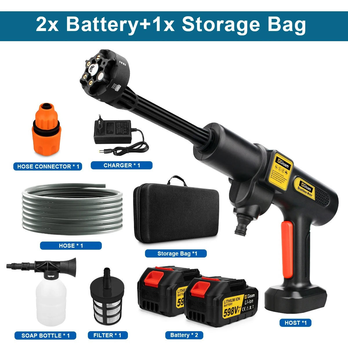 ELEKTRO-HOCHDRUCKREINIGER 6-in-1 200 Bar bürstenloser Geeignet für Autowäsche & Gartenarbeit, Mit 2 Batterien - Schwarz, Kunststoff (46.5/23cm) - Coonoor