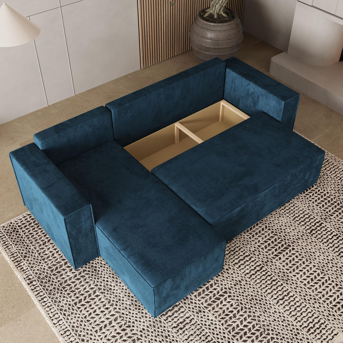 ROHOVÁ SEDAČKA RAVELO modrá - šedá/modrá, dřevo/textil (240/140cm) - MASSENO