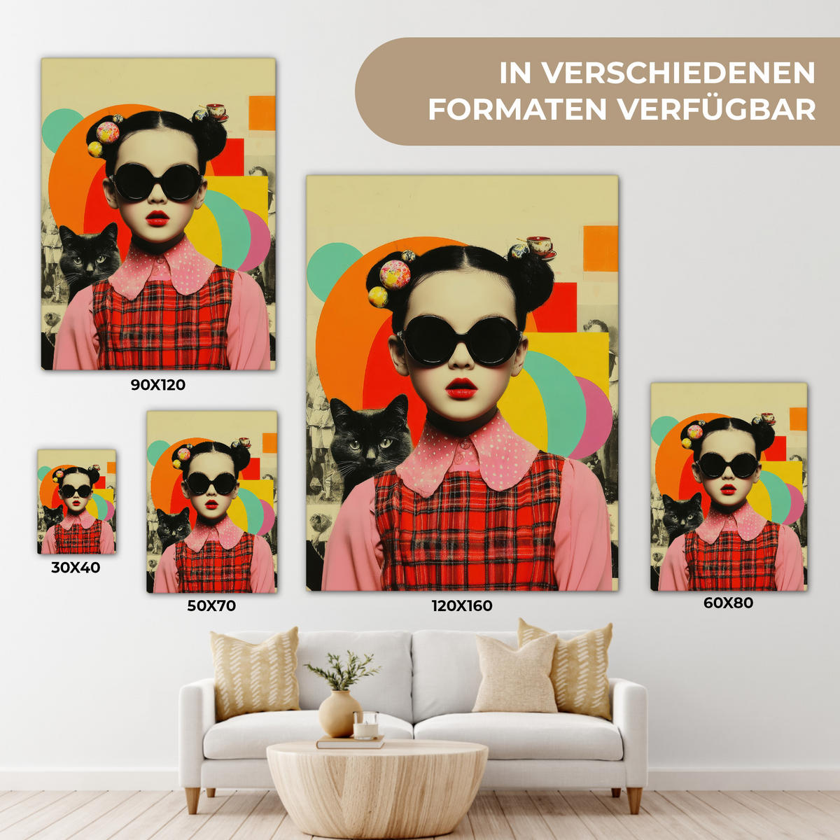 LEINWANDBILD Mädchen - Sonnenbrille - Katze - Retro Room Decor 30x40 cm - Beige, Textil (30/40cm) - MuchoWow