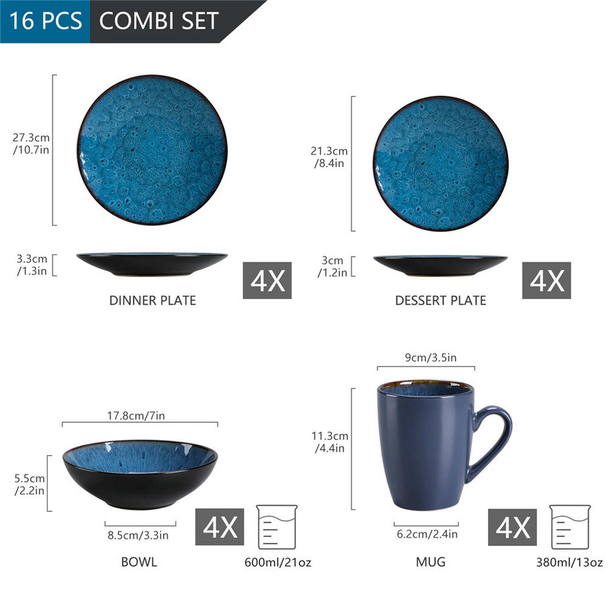 KOMBISERVICE Steinzeug Blau Vintage 16-teilig 4 Personen - Blau, Keramik (27.3/3.3/27.3cm) - Bextcok
