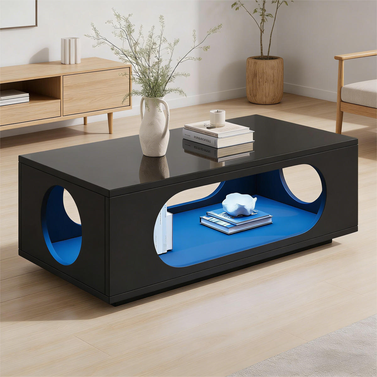 COUCHTISCH in Schwarz Hochglänzender Wohnzimmertisch mit LED (App-Steuerung), B100/T50H35 cm - Schwarz, Holzwerkstoff (50/100/35cm) - STILVORA