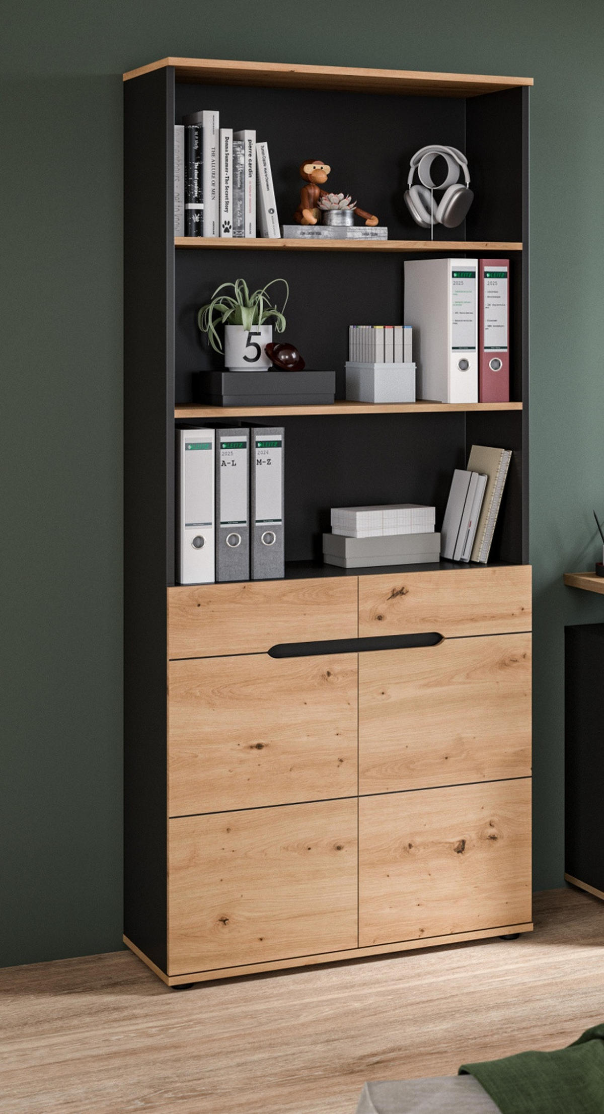 AKTENSCHRANK Eiche Artisan, Grau 80 x 190 cm, Büroschrank mit Soft-Close - Schwarz/Eiche Artisan, Holzwerkstoff/Kunststoff (80/190/37cm) - Inn.Furn