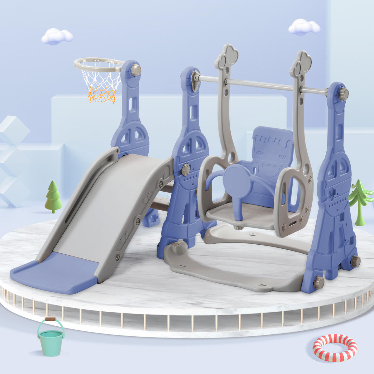 KINDERRUTSCHE 4 in 1 Schaukel Basketball Kletterleiter blau grau - Blau, Holz (70/102/70cm) - Fortuna Lai