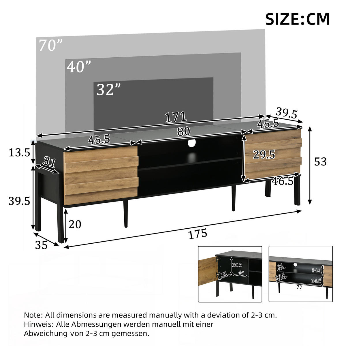 LOWBOARD in Schwarz TV-Schrank mit 2 Schränken und offenem Stauraum,geeignet für Fernseher bis 70 Zoll, B175/T39.5/H53cm - Schwarz/Naturfarben, Holzwerkstoff/Metall (175/53/39.5cm) - STILVORA