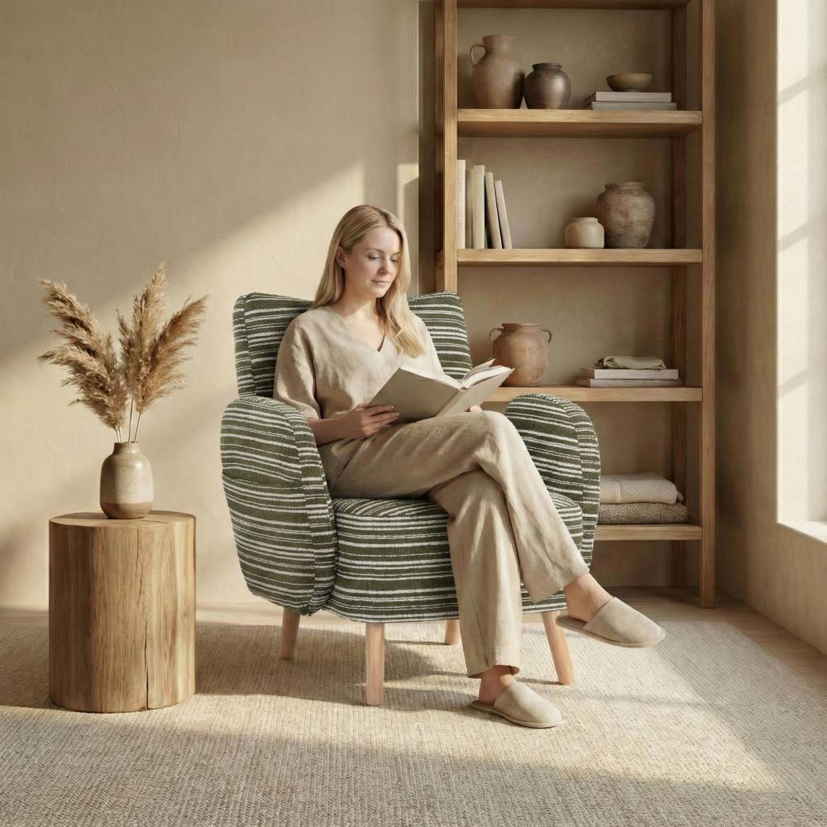 RELAXSESSEL Einzelsessel,Seitentaschen, Massivholz,Bouclé,Grün - Grün, Textil (77/87/81cm) - LVHOM