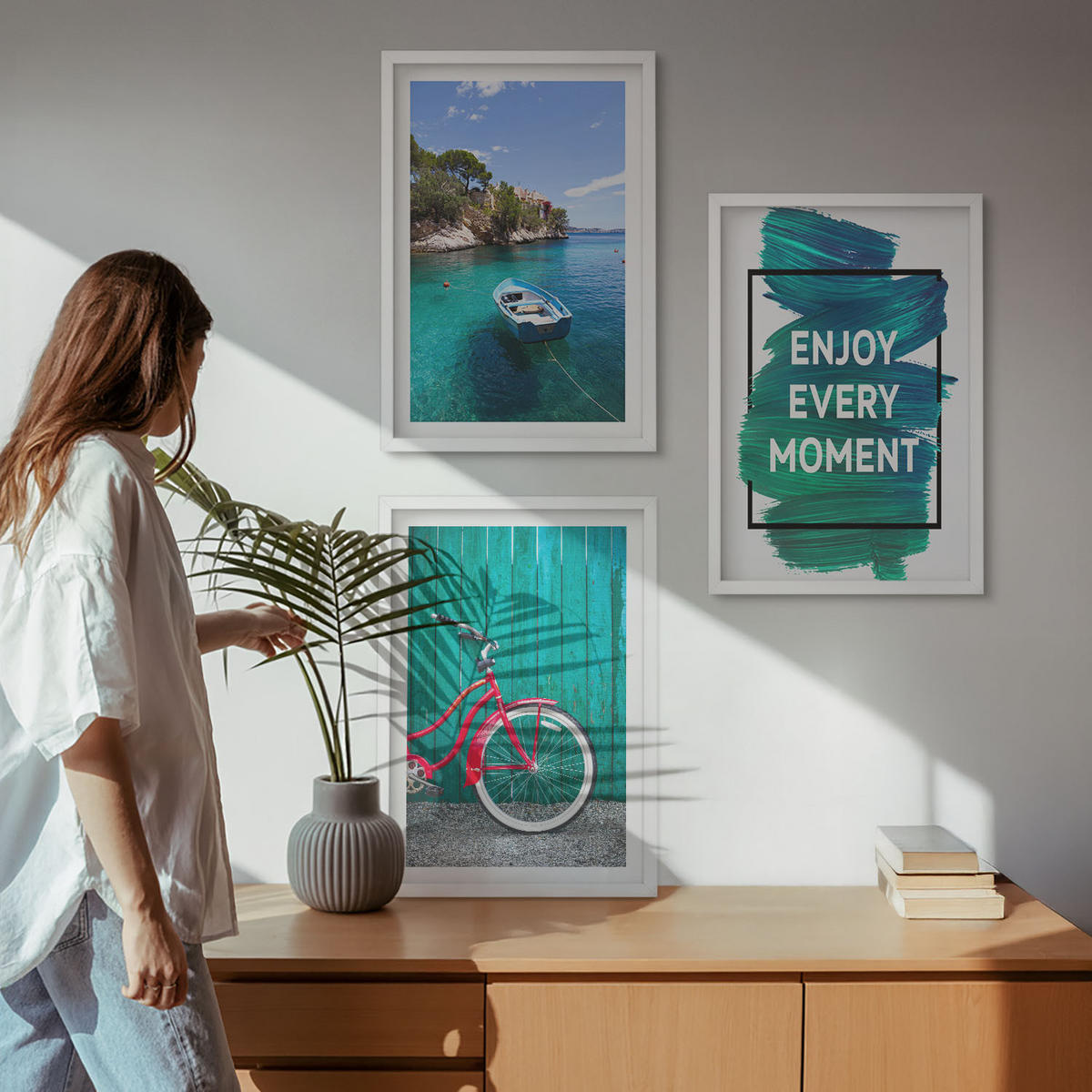 WANDBILDER 3er-Set - 40x60 cm Weißer Rahmen - Inspiration für ein Fahrrad mit Seeboot - Weiß, Kunststoff (40/60cm) - ArtPrintCave