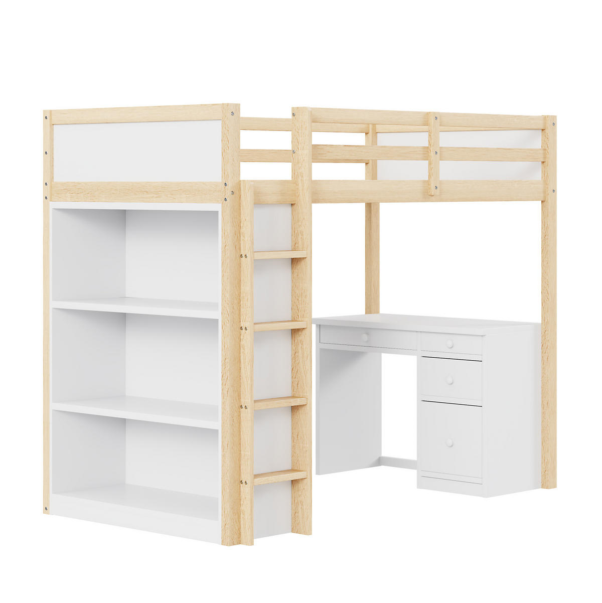 HOCHBETT 90/200 cm aus Kiefernholz – mit Schreibtisch, Stauraum und Leiter - Naturfarben, Holzwerkstoff (90/200cm) - BEAOK