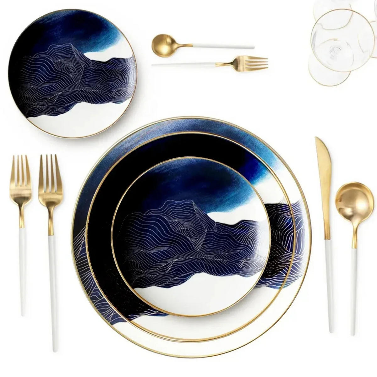 TELLERSET Blue Marble Bone China Blau Gold 4tlg Ø30 Ø27 Ø20 Ø16 cm - Blau, Keramik (30/2/2cm) - Quality Elegance