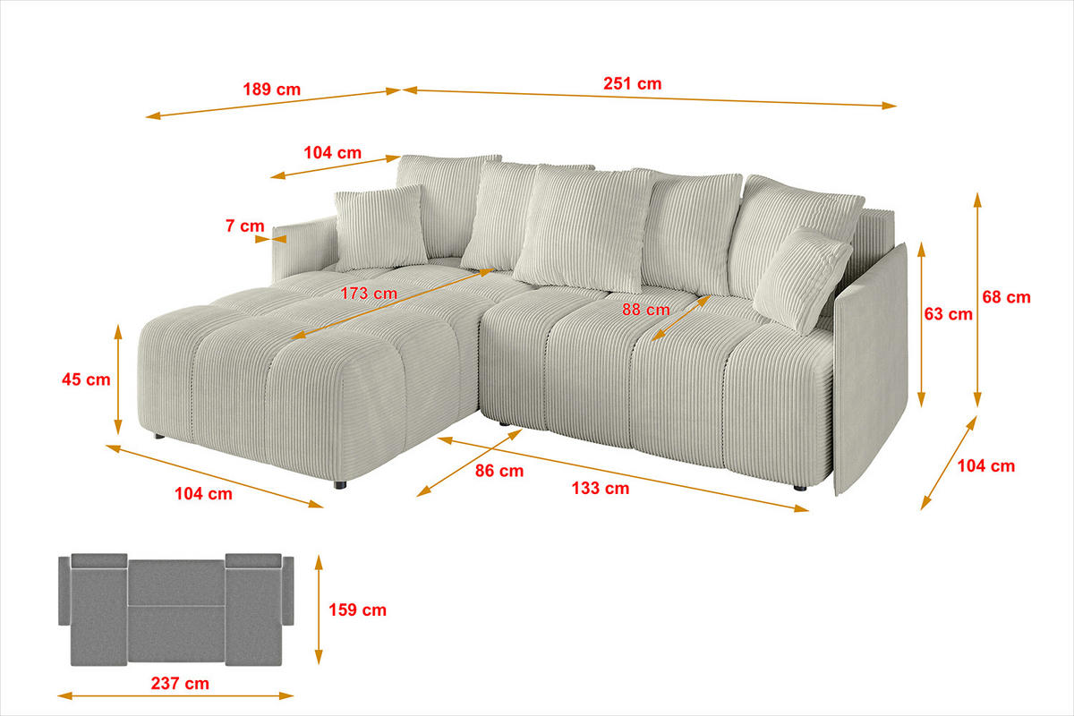 ECKSOFA Ottomane links LONLI-L 251x189x68 Ecru Cord - Ecru, Holzwerkstoff/Kunststoff (251/189cm) - ALTDECOR