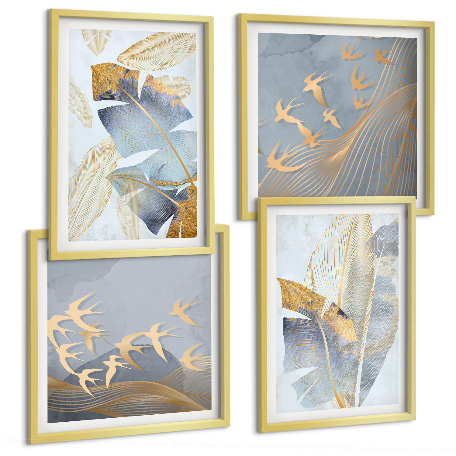 BILDER SET 4er Set - 50x50 cm & 40x60 cm Goldrahmen - Blaubeige Blätter im Hintergrund - Goldfarben, Kunststoff (50/50cm) - TULUP