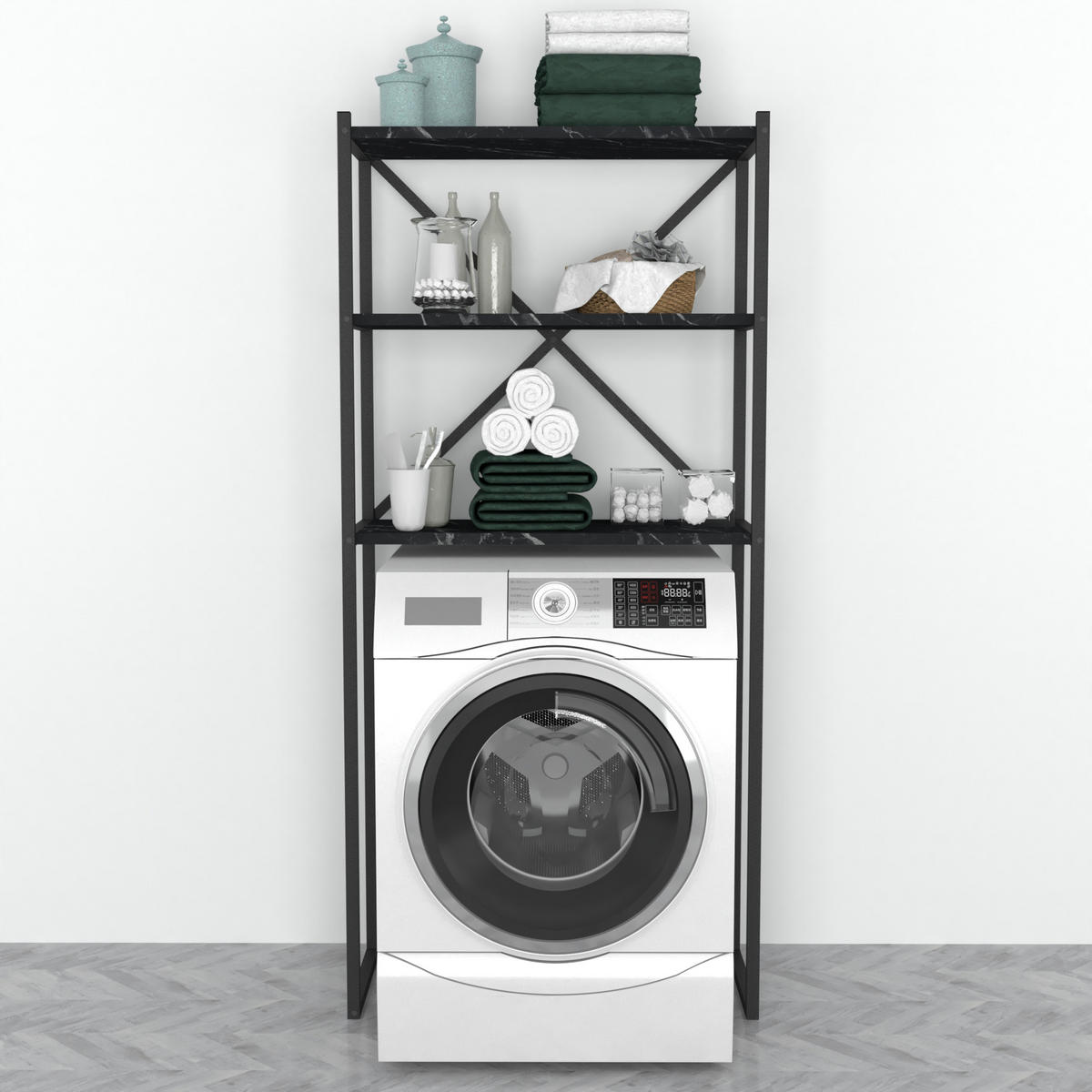 BADEZIMMERREGAL Askersund - Schwarz, Holzwerkstoff/Metall (66/160/34cm) - [en.casa]