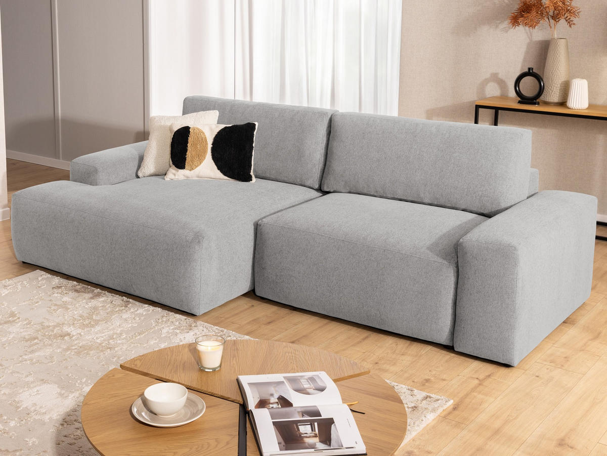 ECKSOFA Lennon aus Hellgrau Strukturstoff mit Schlaffunktion und Bettkasten - Hellgrau/Schwarz, Holz/Kunststoff (137/264cm) - S-Style
