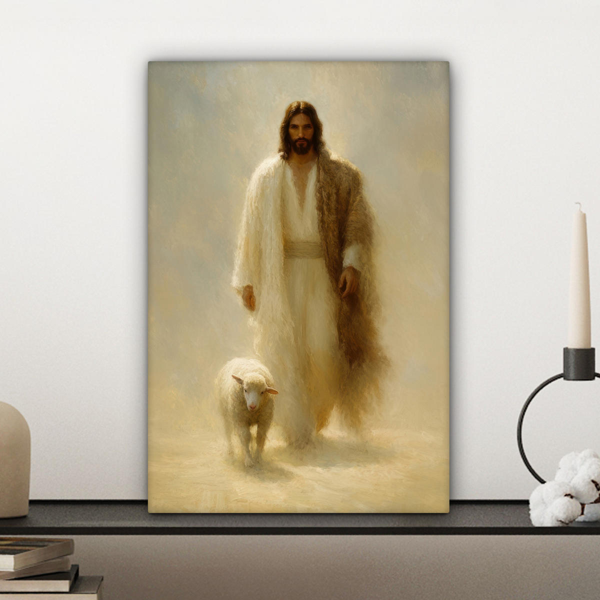 LEINWANDBILD Schaf - Jesus - Pinselstriche - Abstrakt Deko Wohnzimmer 20x30 cm - Sandfarben, Textil (20/30cm) - MuchoWow