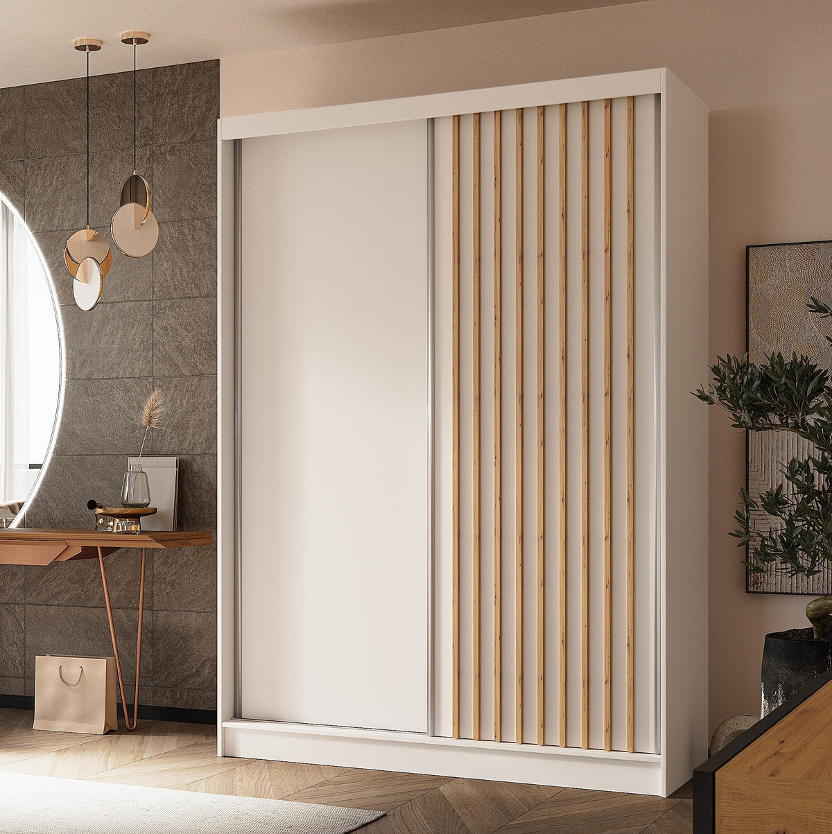 SCHWEBETÜRENSCHRANK Cabinio Weiß Eiche Artisan 150/216/61 cm – Modern, mit Lamellen - Walnussfarben/Weiß, Holzwerkstoff/Kunststoff (150/216.1/61cm) - AX Living