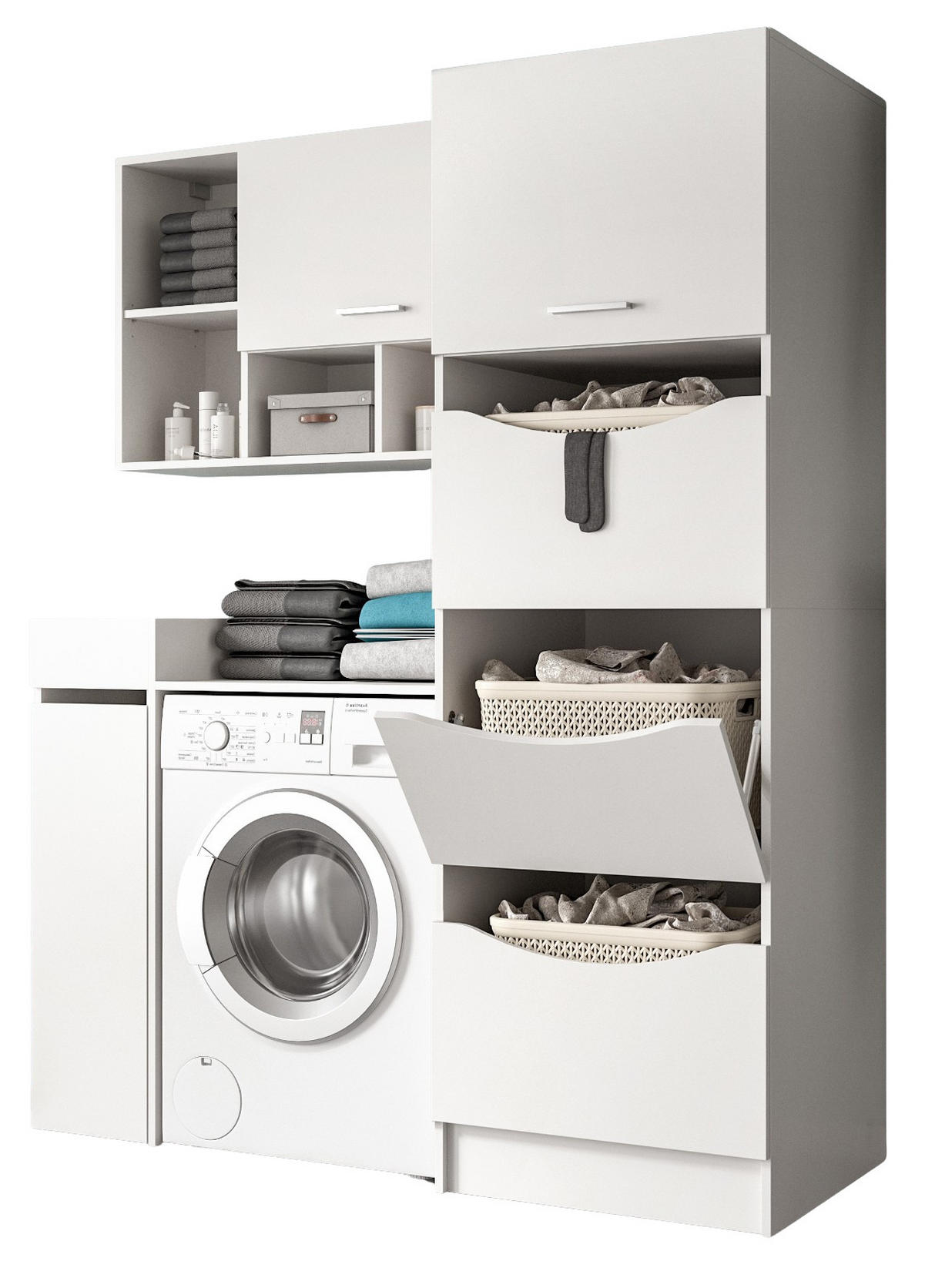 WASCHMASCHINENSCHRANK weiß Set 4-teilig, Waschmaschinenumbau 155 cm mit viel Stauraum - Silberfarben/Weiß, Glas/Holzwerkstoff (155/196/68cm) - Inn.Furn