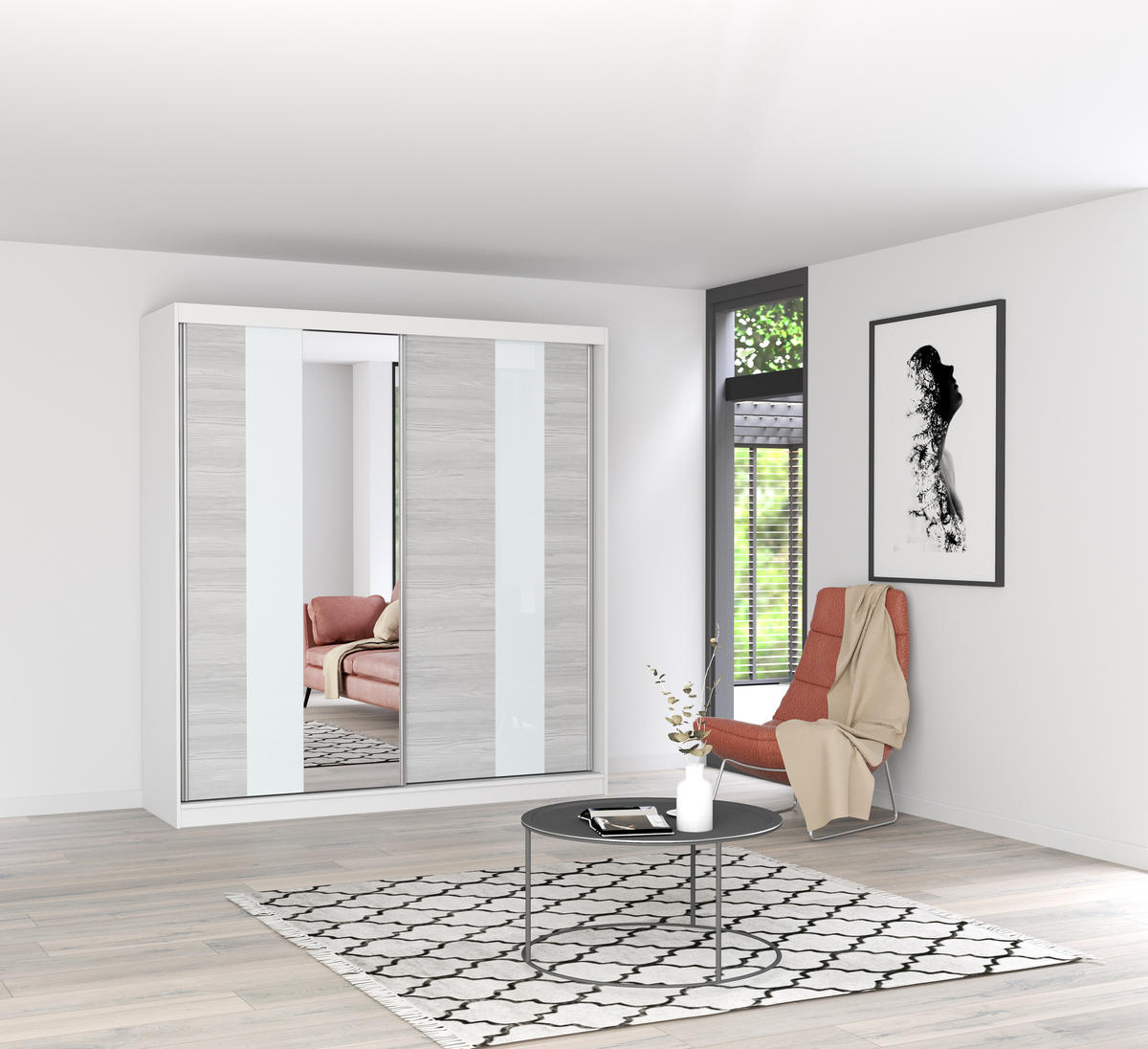 SCHIEBETÜRENSCHRANK - BEN 32 203 CM (Weiß) - Weiß, Holzwerkstoff (203/218/61cm) - Möblo