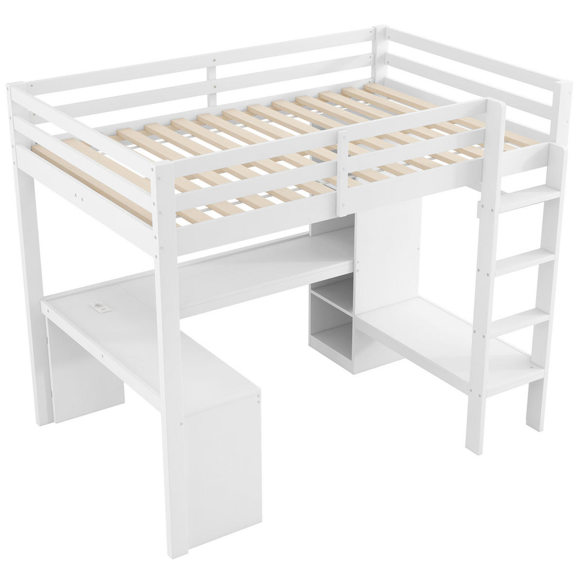 HOCHBETT 140/200 cm mit Schreibtisch, LED, USB, Regalen aus Massivholz und MDF, Weiß - Weiß, Holzwerkstoff (140/200cm) - Redom