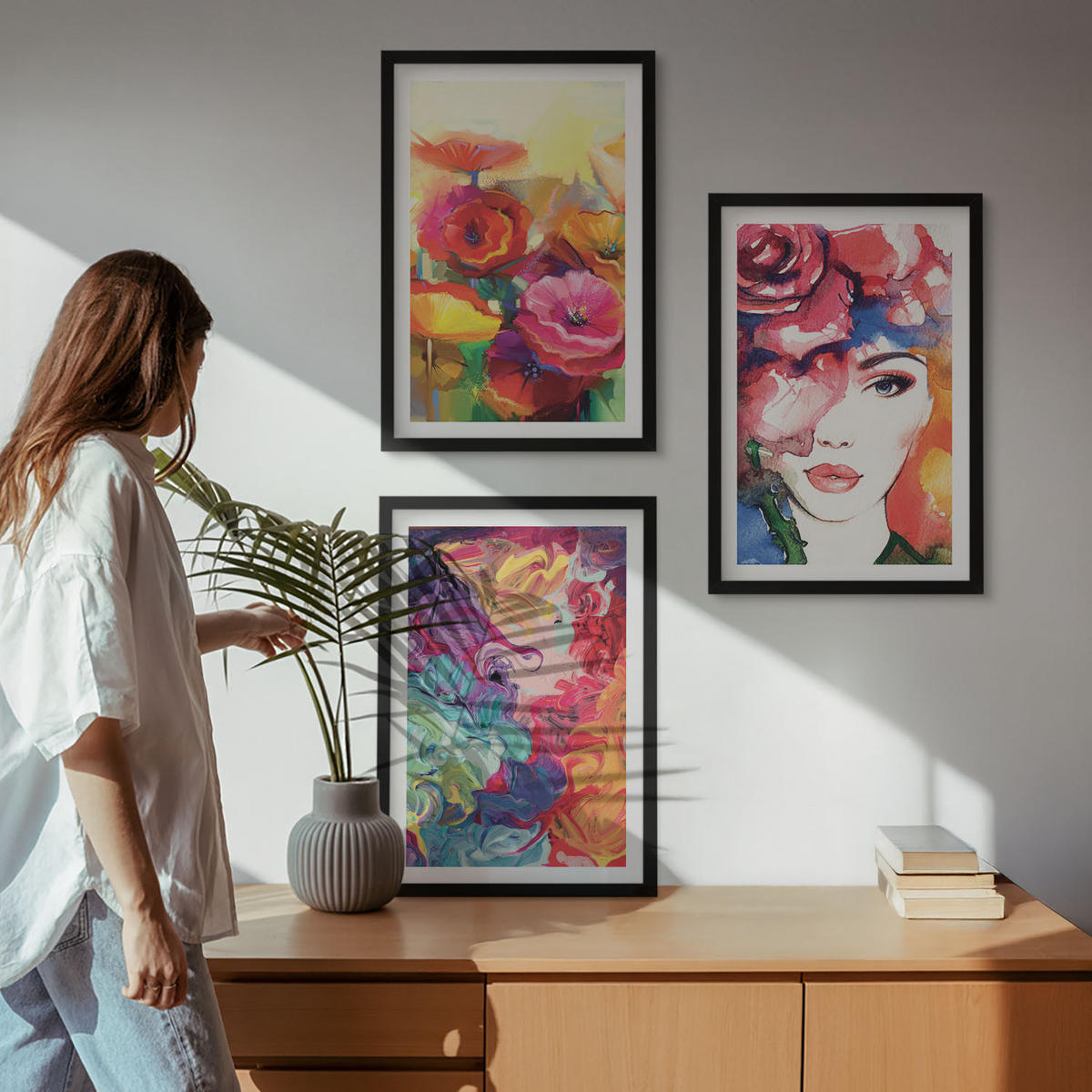 BILDER SET 3er Set - 40x60 cm Schwarzer Rahmen - Intensives Blumenporträt einer Frau - Schwarz, Kunststoff (40/60cm) - TULUP