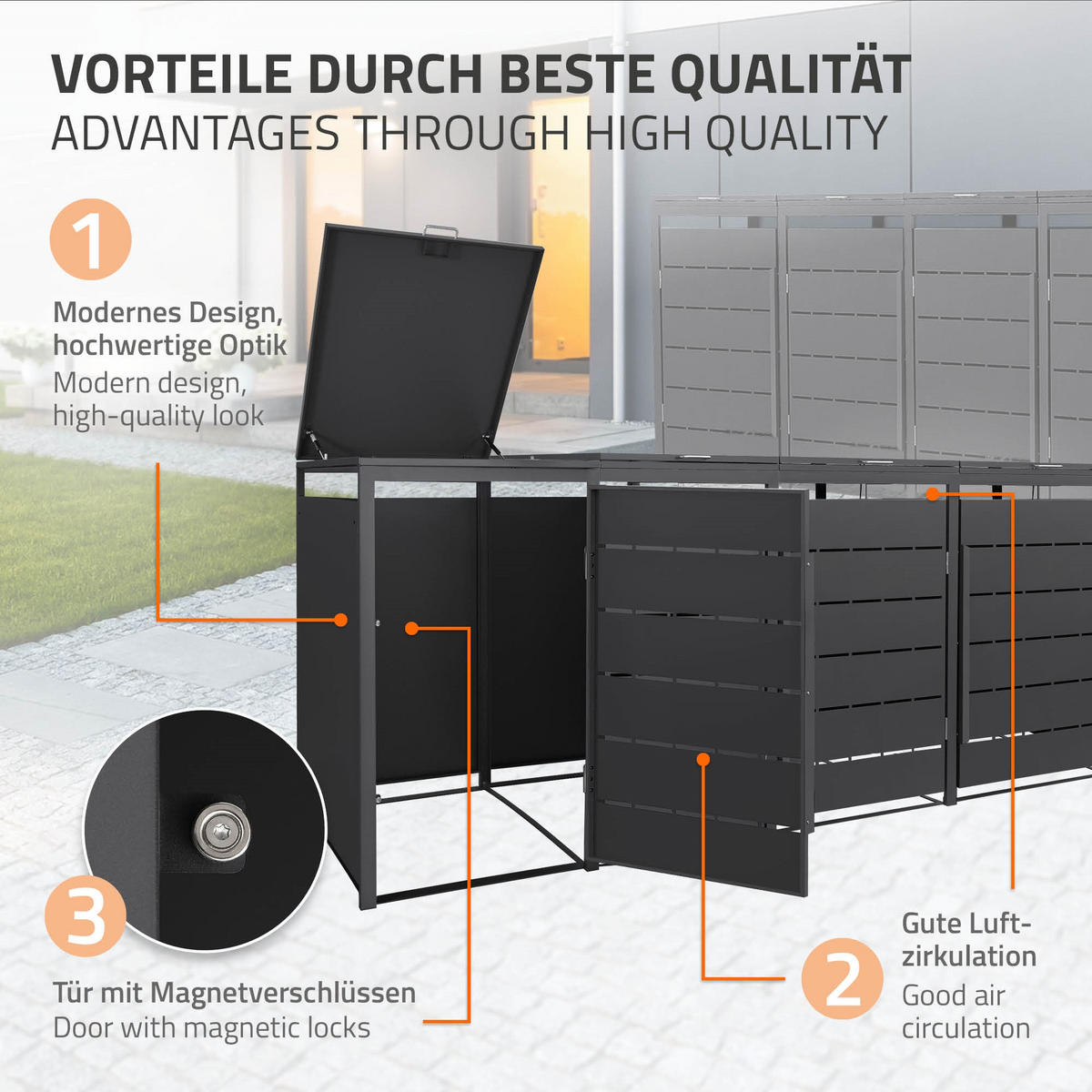 MÜLLTONNENBOX 4er 240L 260x80x120 cm Anthrazit aus Stahl wetterfest - Anthrazit, Metall (80/120/260cm) - ML-DESIGN