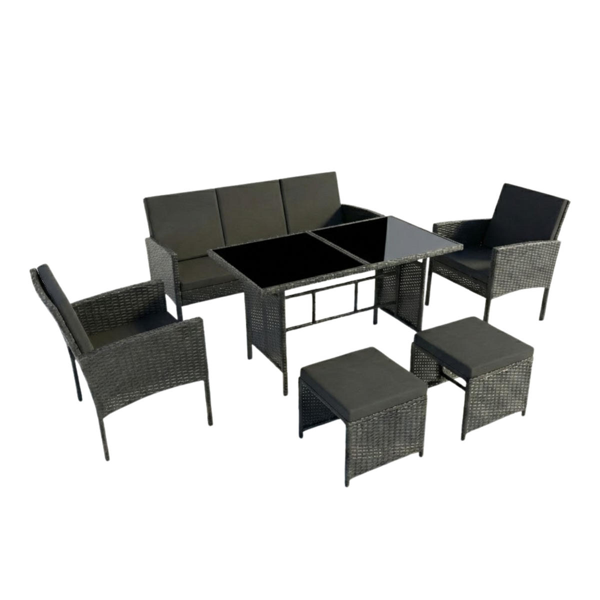 GARTENMÖBEL-SET mit 3-Sitzer Sofa, 2 Stühle, 2 Hocker mit schwarze Kissen - Schwarz, Metall - Home Collective