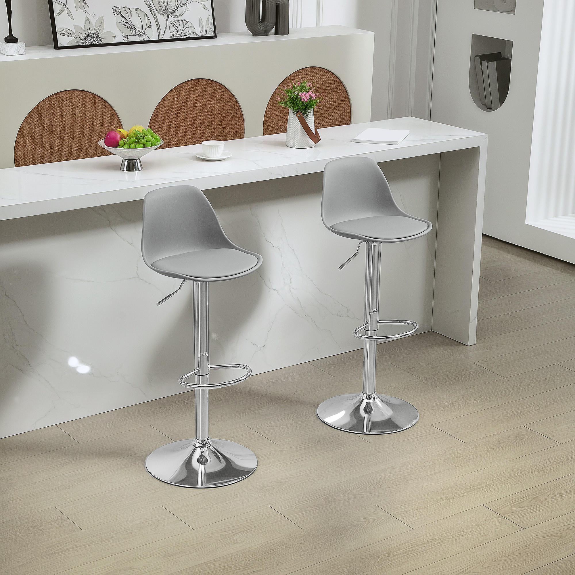 BARHOCKER 2er Set, Gepolstert Barstuhl mit Stahlgestell, Lehne für Küche Grau - Grau, Leder (42/104/38cm) - HOMCOM