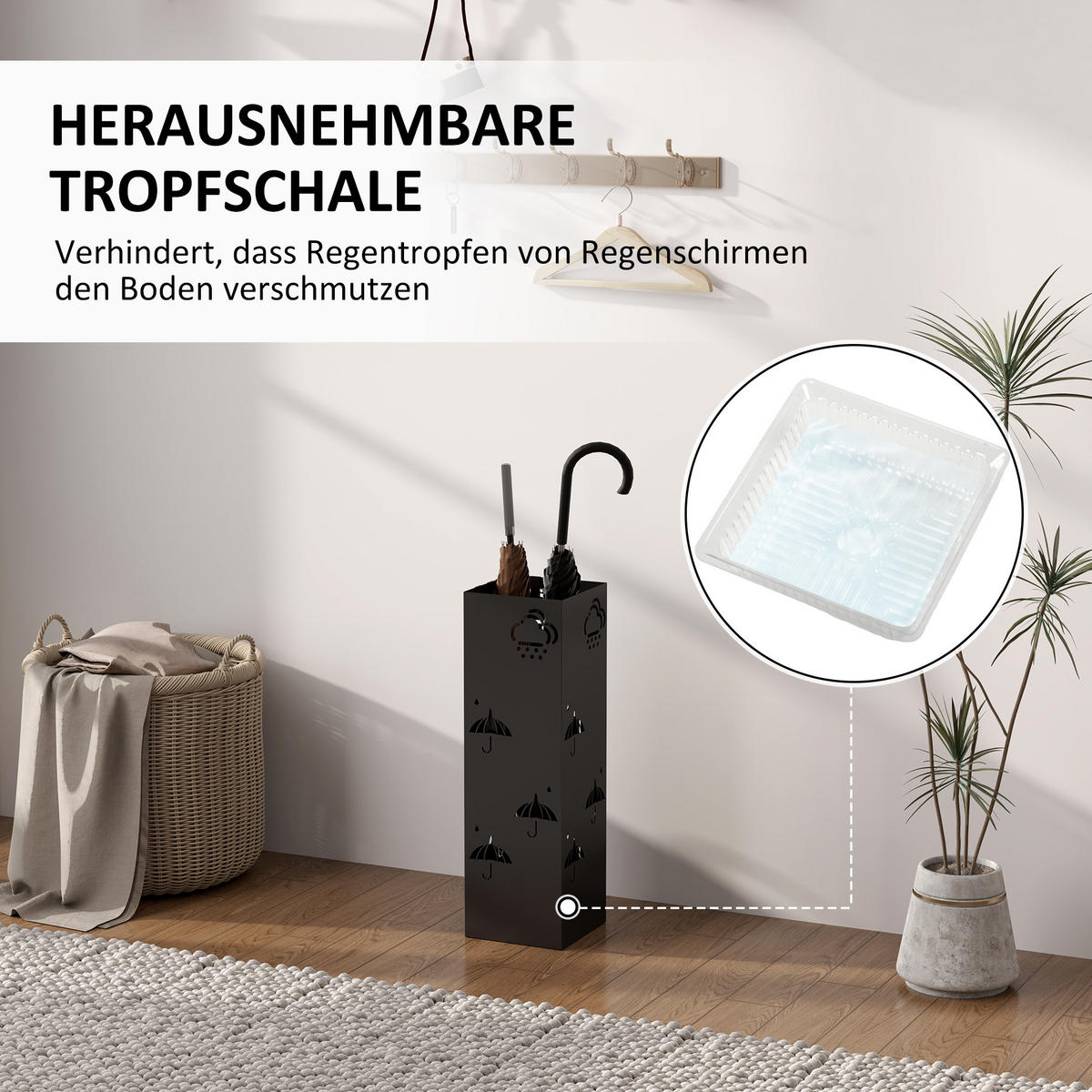 SCHIRMSTÄNDER mit 4 Haken, Stahl 15,5 x 15,5 x 49 cm Schwarz - Schwarz, Metall (15.5/49/15.5cm) - HOMCOM