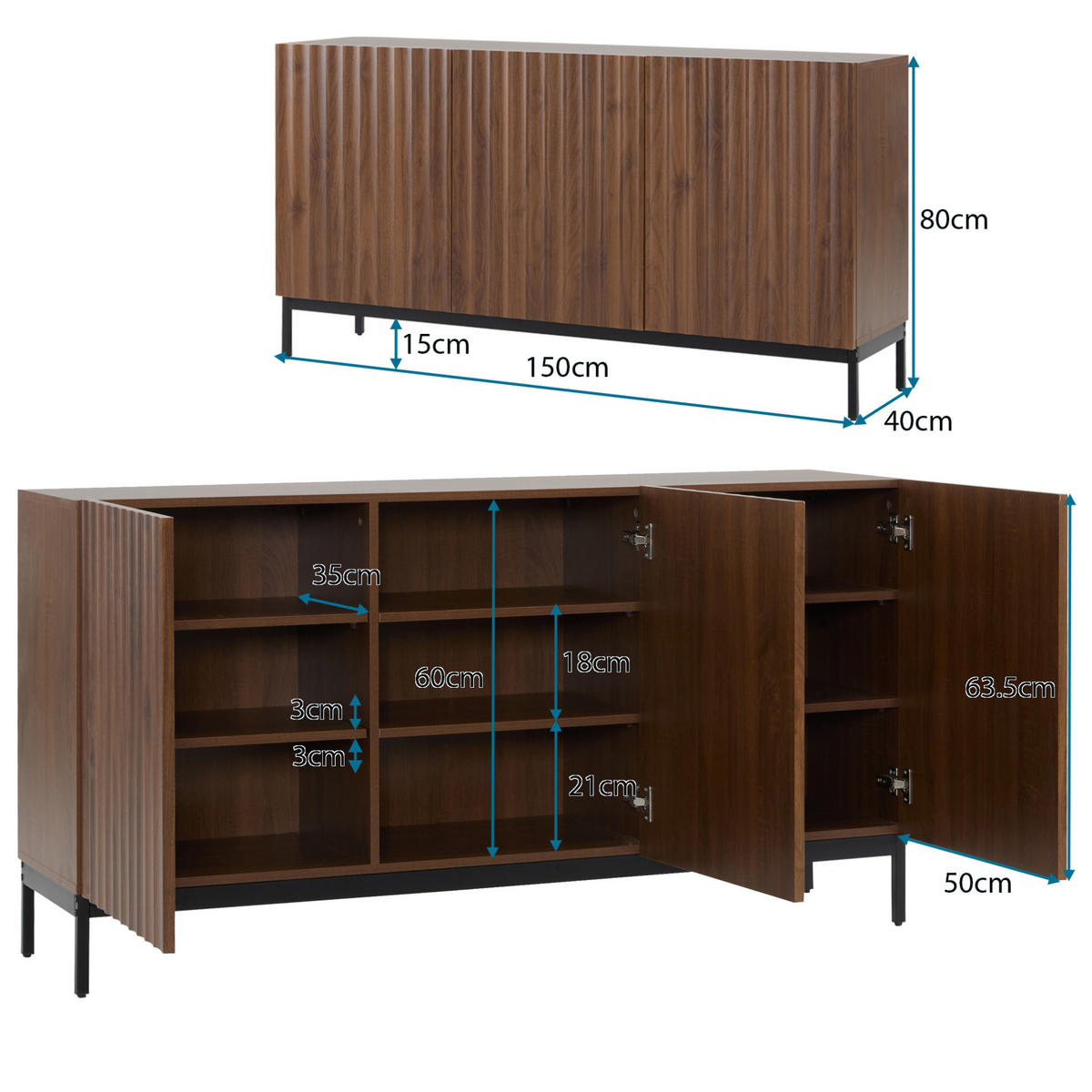 SIDEBOARD 150/40/80 cm mit 3 Türen in Dunkelbraun mit 3D-Wellendesign - Dunkelbraun, Holzwerkstoff (150/80/40cm) - BEAOK