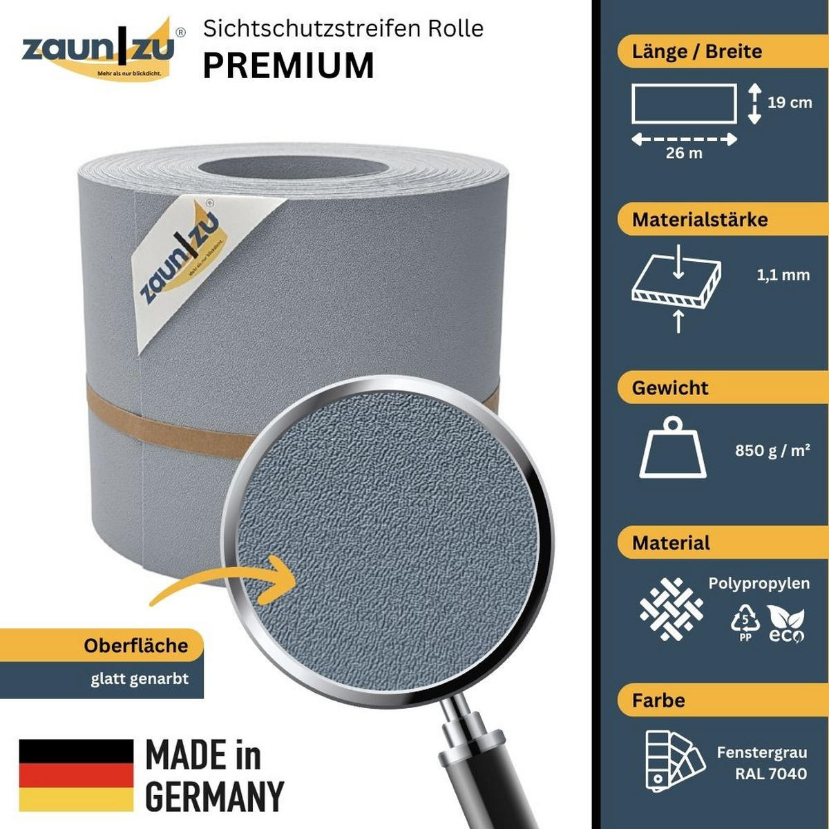 SICHTSCHUTZSTREIFEN Premium für Doppelstabmatten Zaunblende Fenstergrau, 26m - Hellgrau, Kunststoff (2600/19cm) - ZAUN|ZU