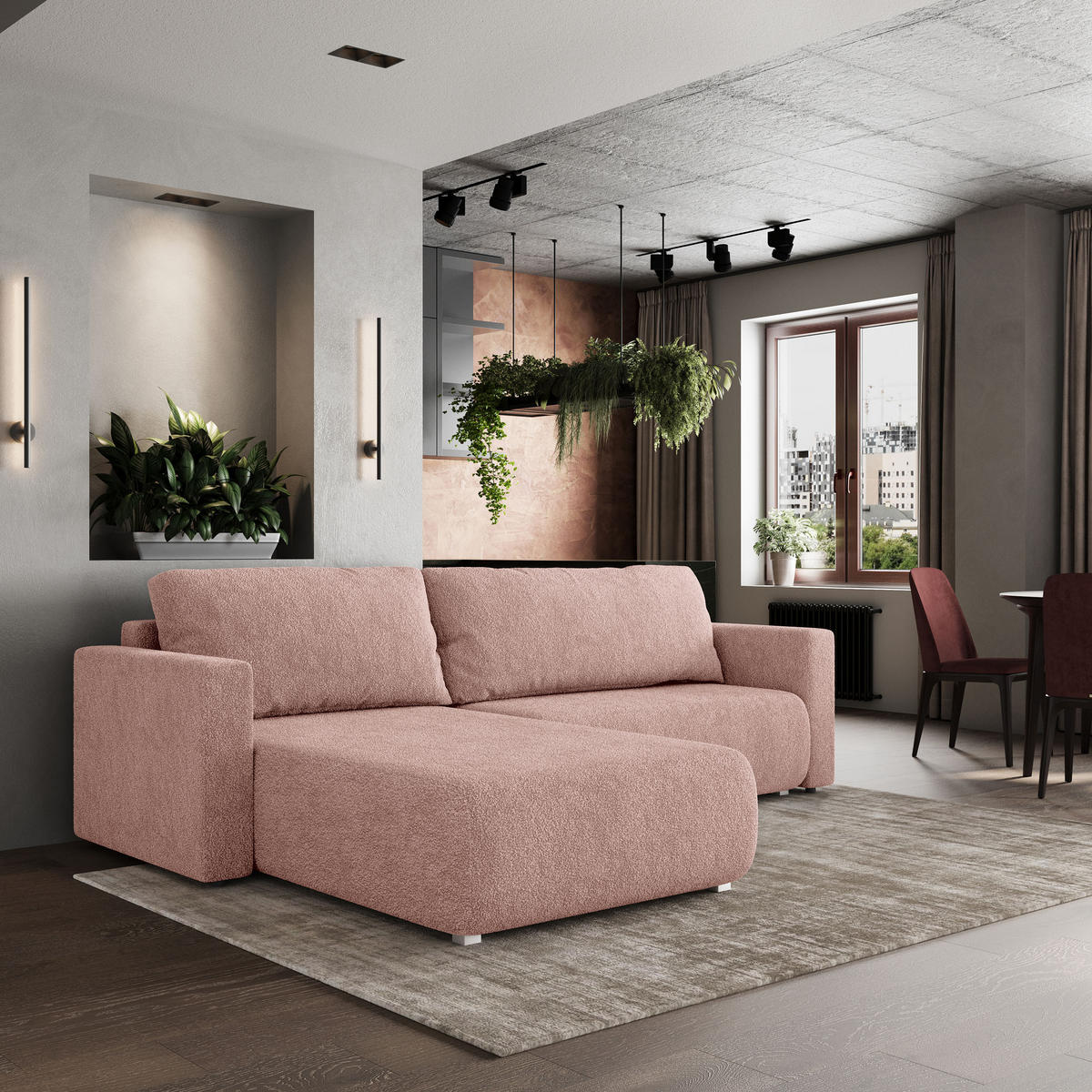 ECKSOFA TURIN N Rosa Bucle-Stoff mit Schlaffunktion - Rosa/Grau, Holz/Kunststoff (265/183cm) - MASSENO