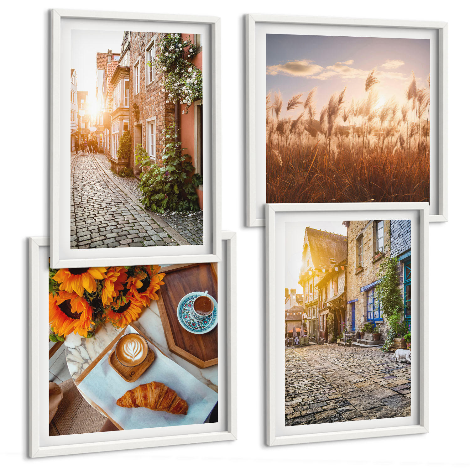 BILDER SET 4er Set - 50x50 cm & 40x60 cm Weißer Rahmen - Charmante Straßen mit Kaffee - Weiß, Kunststoff (50/50cm) - TULUP
