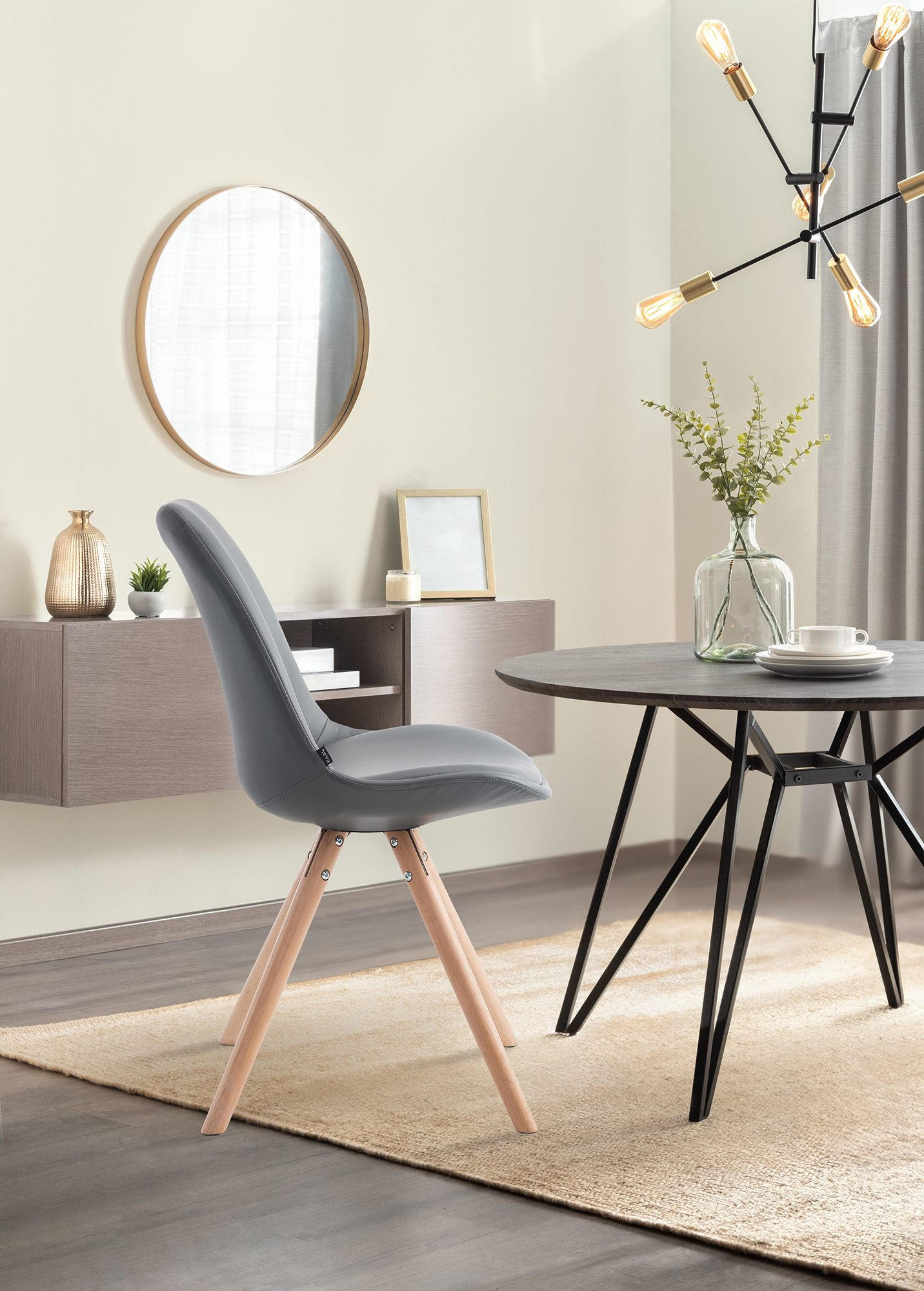 STUHL Lederlook grau - Eukalyptusholzfarben/Grau, Holz/Textil (48/84/56cm) - CLP