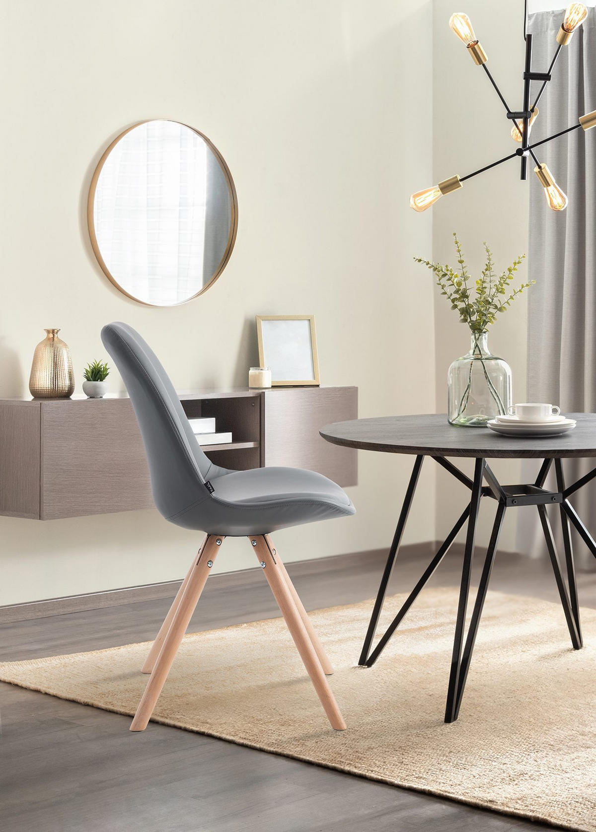 STUHL Lederlook grau - Eukalyptusholzfarben/Grau, Holz/Textil (48/84/56cm) - CLP