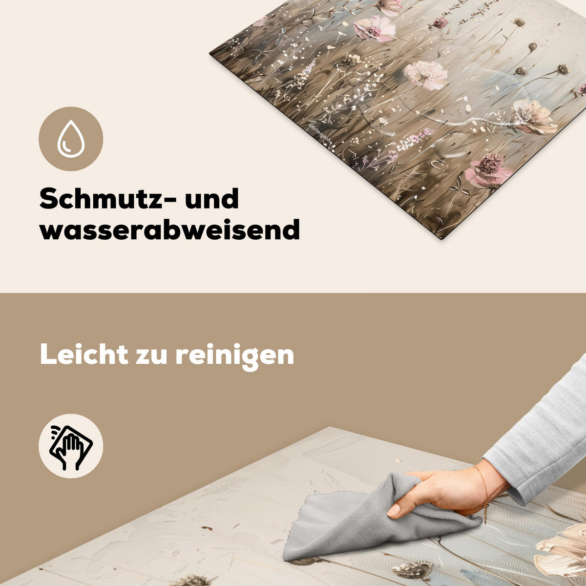 HERDABDECKPLATTE Blumen - Beige - Trockenblumen 60x52 cm - Beige, Kunststoff (60/52/0.2cm) - MuchoWow