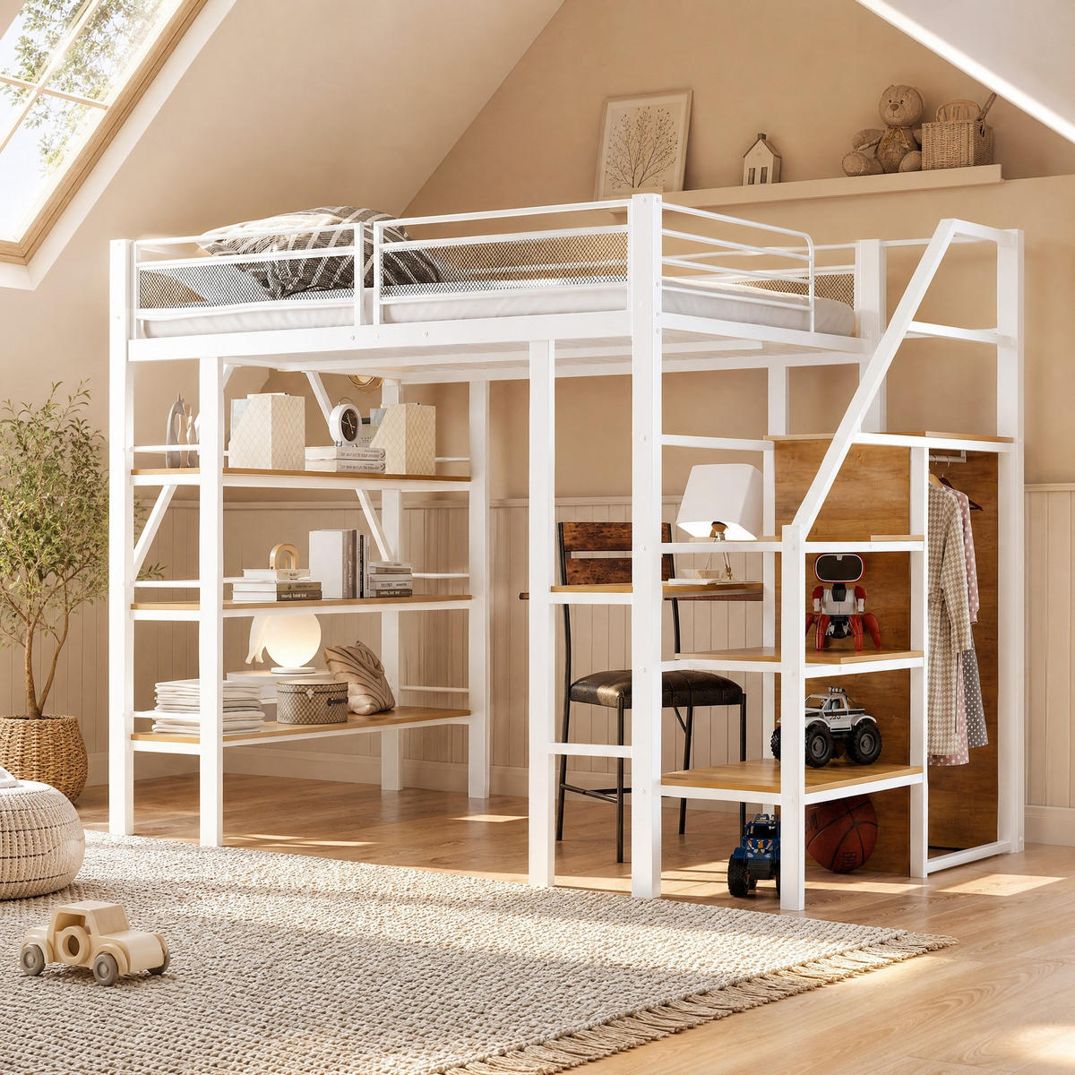 HOCHBETT 140/200 mit Schreibtisch, Kleiderschrank und Stauraumtreppe in Weiß - Weiß, Holzwerkstoff/Metall (140/200cm) - EVRYAE