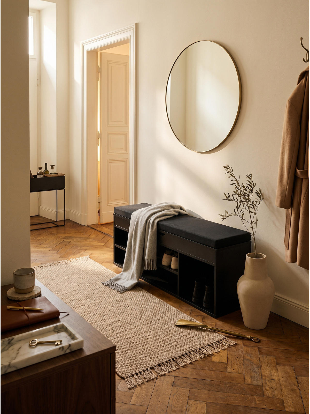 GARDEROBENBANK BASILICATA, Stoff, Schwarz, 104 x 32 x 51 cm - Schwarz, Holzwerkstoff/Textil (104/51/32cm) - KADIMA DESIGN