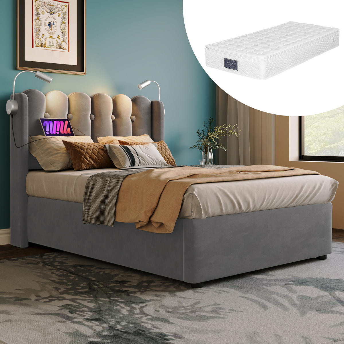 BETT mit Bettkasten, USB und Leselicht 90x200 cm Samt Grau - Grau, Metall (90/200cm) - Meubliv