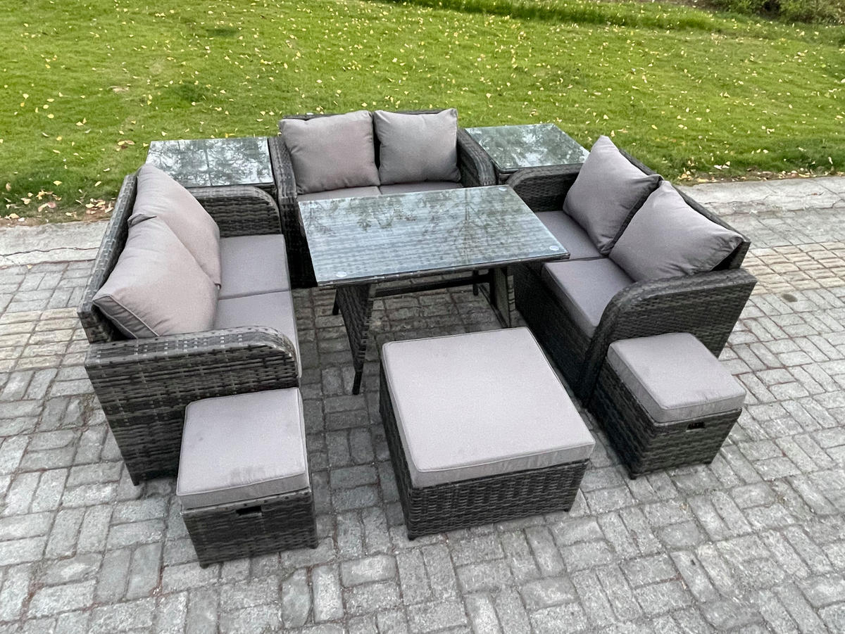 GARTENMÖBELSET mit ESSTISCH,SOFA Polyrattan 9-Sitzer - Dunkelgrau/Grau, Glas/Kunststoff - Fimous